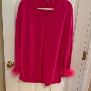 Vibrant Pink V-Neck Sweater with Feather Cuffs